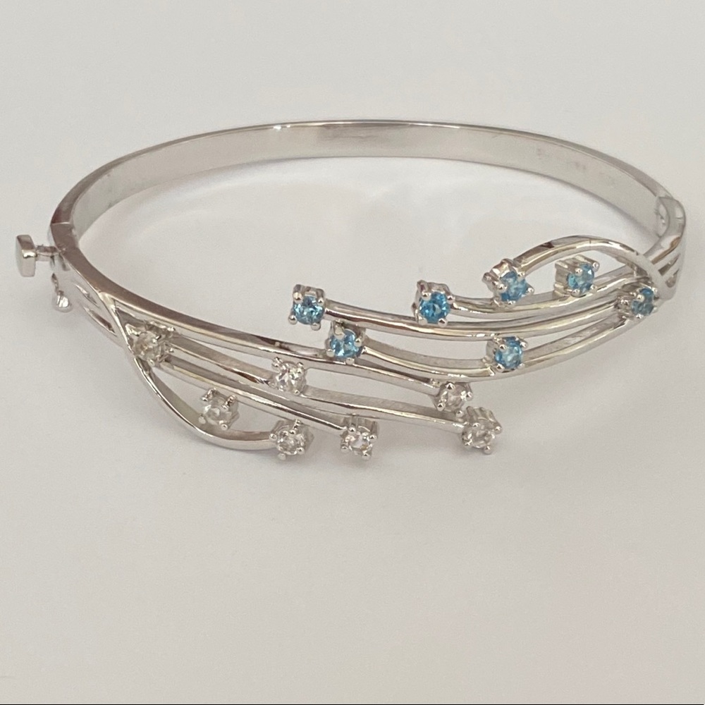 💎Blue real topaz 925 silver bangle bracelet genuine clear blue real topaz stones